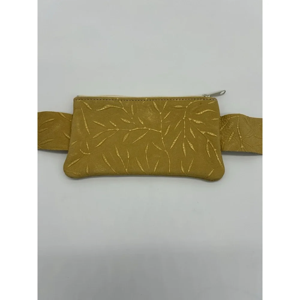 Mustard‎ yellow tooled leather bag pouch Wristlet